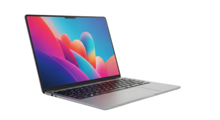 Laptop computer with colorful wallpaper on screen isolated PNG with Transparent Background