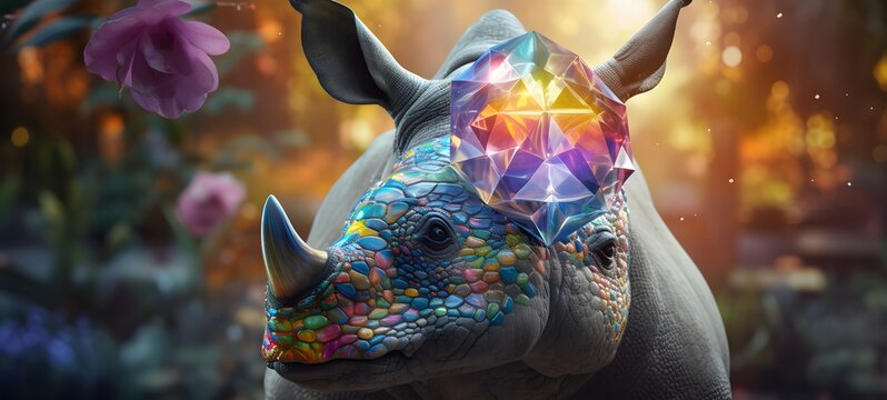 A Triceratops , a small creature made of glass that is sitting in the palm of your hand,generative AI