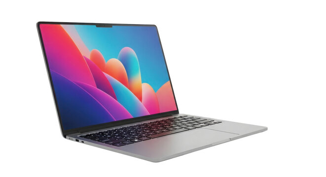 Laptop computer with colorful wallpaper on screen isolated PNG with Transparent Background