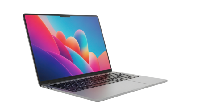 Laptop computer with colorful wallpaper on screen isolated PNG with Transparent Background