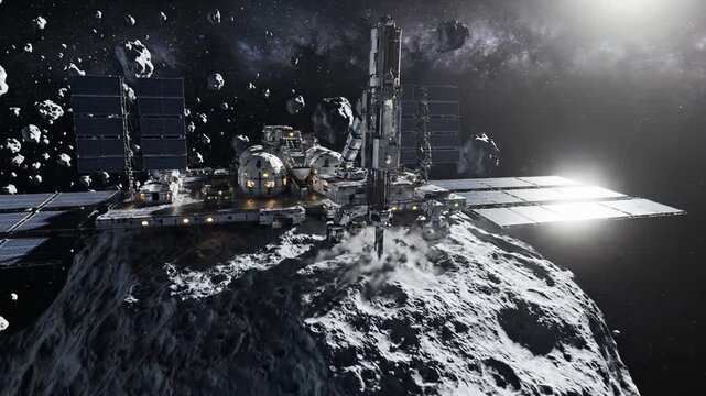 Machines operate on asteroid base while astronauts conduct research. Bright starry sky enhances dark space setting. Concept of aerospace, engineering, scientific research