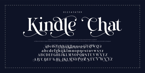 Kindle Chat premium luxury elegant alphabet letters and numbers. Elegant wedding typography classic serif font decorative vintage retro. Creative vector illustration 