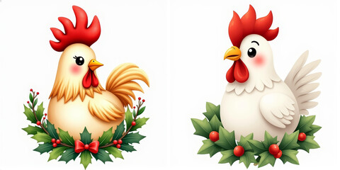 Fototapeta premium White rooster with bright red comb and Christmas wreath around neck, watercolor illustration on white background, classic festive look