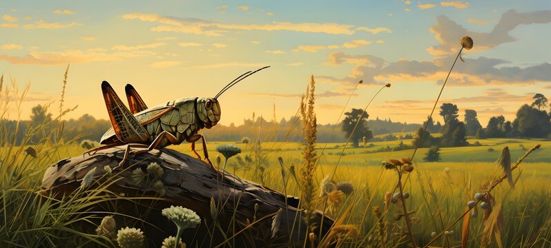 summer meadow at dusk, two field crickets (Gryllus bimaculatus) engaged in stridulation,generative AI