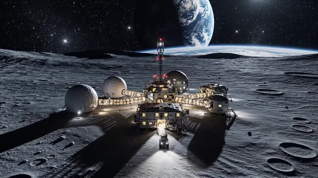 Base set on moon with advanced technology and structures under starry sky. Earth visible in distance, showcasing futuristic space exploration. Concept of aerospace, scientific research, technology