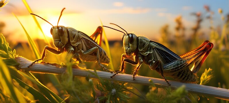 summer meadow at dusk, two field crickets (Gryllus bimaculatus) engaged in stridulation,generative AI