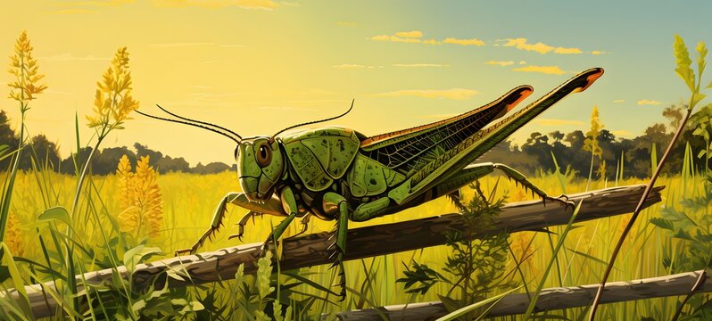 summer meadow at dusk, two field crickets (Gryllus bimaculatus) engaged in stridulation,generative AI