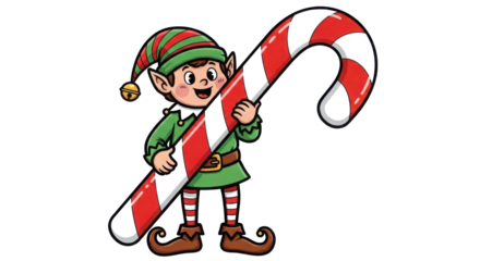 Happy Christmas elf holding a large candy cane isolated PNG with Transparent Background