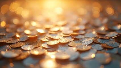 Gleaming gold coins scatter under warm sunlight, symbolizing wealth, success, and prosperity, ideal for financial themes.