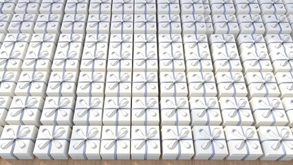 Stack of pristine white gift boxes adorned with elegant blue ribbon bows, ready for celebration and joyous occasions.