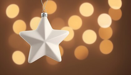 Elegant white star ornament hangs against warm, glowing bokeh lights, perfect for festive holiday and celebration designs