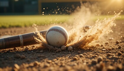 Baseball at impact, kicking up a cloud of dust next to a bat on a baseball field