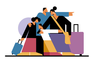 Illustration of a family of four members preparing for a trip