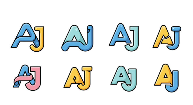 Collection of eight distinct and colorful AJ monogram logos, featuring modern typography and creative design variations in blue, yellow, and pink, perfect for branding and graphic design projects.
