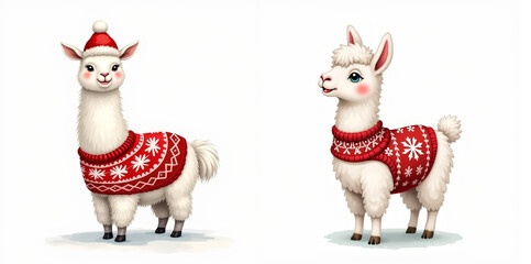 Cute watercolor white llama in red christmas sweater with snowflake pattern standing in snow festive winter illustration on white background