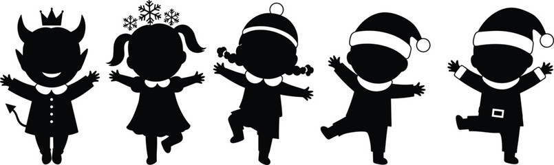 Christmas Children Silhouettes Costumes Santa Hat Devil Snowflake Festive Holiday Seasonal Winter Playful Fantasy Character Illustration Design Art Decor