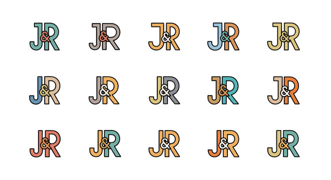 Set of fifteen retro-style 'JR' monogram logos in various color combinations, featuring a stylized ampersand connecting the letters, presented on a black background. Each logo showcases a unique