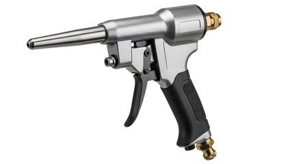 Air tool Close-up: a high angle close-up shot of an industrial air tool, highlighting the tool's metallic surface, intricate mechanical design and precise functionality.