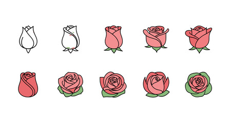 A sequence of stylized pink roses in various stages of bloom, from tightly closed buds to fully opened flowers, presented against a stark black background, showcasing the natural beauty and growth