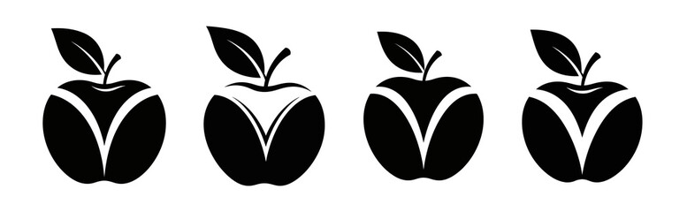 Four black and white apple logos with a leaf on top, each with a V-shaped design in the center.