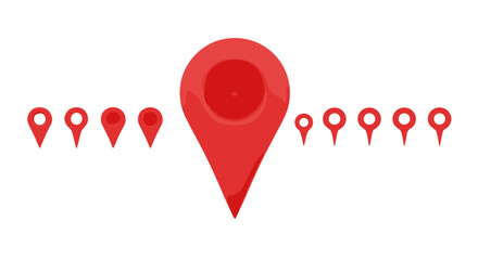 Fototapeta premium A striking 3D render showcases a collection of vibrant red map pins arranged against a stark black background, with one large central pin dominating the composition and smaller pins fanning out on