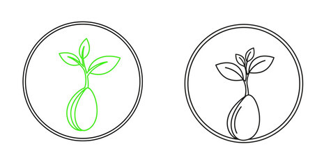 Two circular icons depicting a sprouting seed with leaves, one in green and the other in black outline.