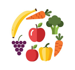 A vibrant circular arrangement of fresh fruits and vegetables, including apples, bananas, grapes, carrots, broccoli, and bell peppers.