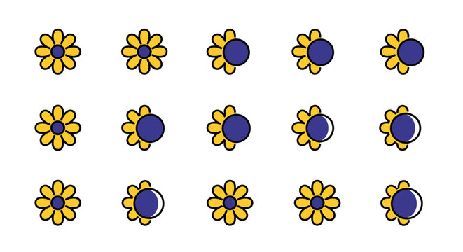 A vibrant and whimsical collection of stylized yellow daisy-like flowers with blue centers, presented against a stark black background, showcasing various stages of petal completeness and rotation