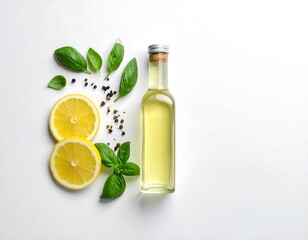 Neatly placed fresh ingredients &mdash; lemon slices, basil, and olive oil bottle on white background