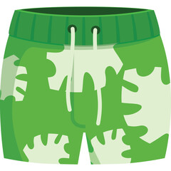 Green and white camouflage pattern swim trunks with drawstring and elastic waistband perfect for summer beach activities and water sports