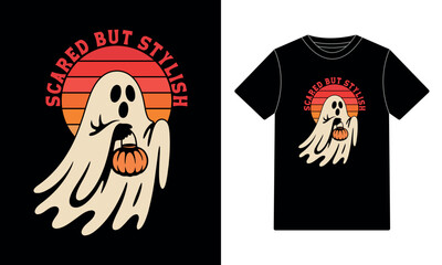 Scared But Stylish Ghost Halloween Retro Sunset T-shirt Design