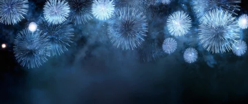Dark festive background with blue fireworks for New Year 2026 celebration, ideal for party invitation, holiday banner, event poster, festive templates, seasonal greeting card design. Panoramic video