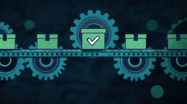 Innovative workflow showcasing vibrant green boxes on a conveyor belt with intricate gears symbolizing efficiency and productivity in modern industrial automation settings