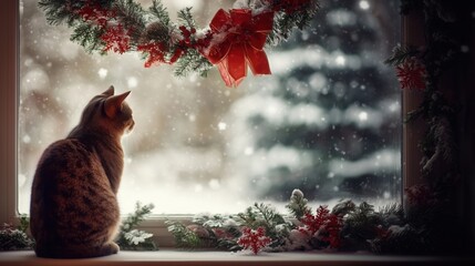 Cozy Christmas scene with a cat looking out the window at the snow.