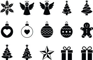 Christmas Icons Angels Trees Ornaments Holly Gingerbread Star Gifts Holiday Festive Seasonal Winter Silhouette Classic Decorative Illustration Design Art