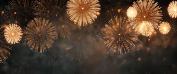Dark festive background with orange fireworks for New Year 2026 celebration, ideal for party invitation, holiday banner, event poster, festive templates, seasonal greeting card design. Panoramic video
