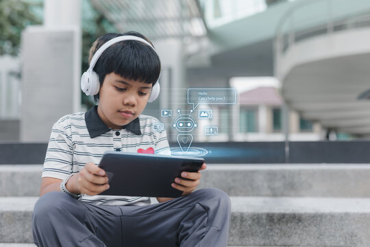 Smart child using tablet with AI assistant hologram, wearing headphones, representing artificial intelligence, digital learning, and futuristic virtual education in modern technology era. - Powered by Adobe