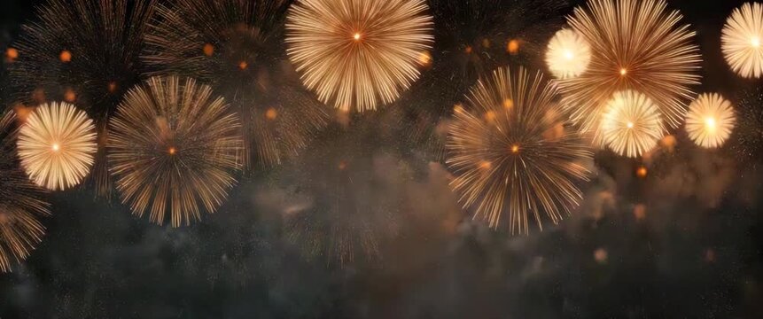Dark festive background with orange fireworks for New Year 2026 celebration, ideal for party invitation, holiday banner, event poster, festive templates, seasonal greeting card design. Panoramic video