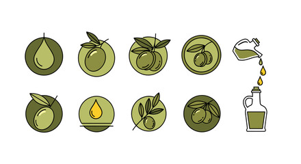 Set of stylized icons representing olives and olive oil, featuring olive branches, individual olives, drops of oil, and a bottle of oil, all in a clean, modern, flat design with a green color palette