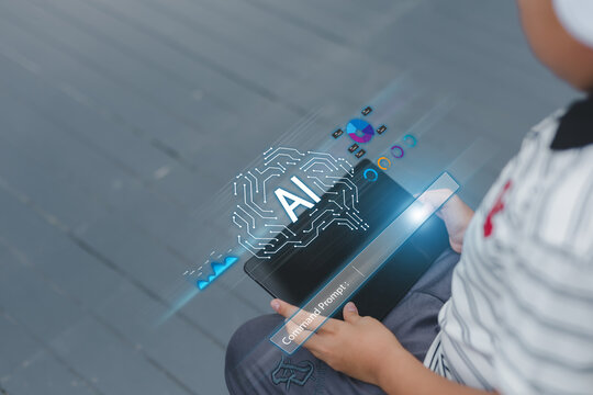 Child interacting with tablet and futuristic AI interface, showcasing artificial intelligence, data analysis, and future technology education concept in modern digital age.