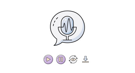 A stylized cartoon illustration of a microphone with a sound wave inside a speech bubble, symbolizing podcasting or audio recording, accompanied by playback and download icons, representing digital