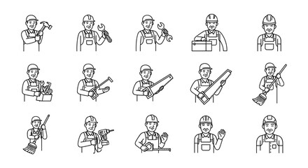 Collection of 15 stylized white line art icons of construction workers and tradespeople, each depicted with different tools and equipment, set against a stark black background, representing various