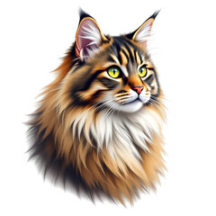 Realistic Maine Coon cat with green eyes long multicolored fur sitting on white background illustration