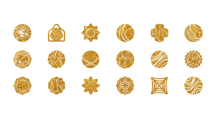 A collection of 20 unique golden abstract geometric shapes and icons with a textured glitter effect, set against a plain black background, perfect for graphic design and digital art.
