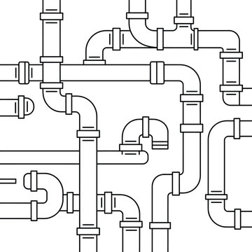 Complex network of plumbing pipes and joints in a schematic drawing