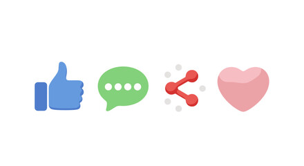 A vibrant 3D illustration featuring a collection of social media icons: a blue thumbs-up symbol, a green speech bubble with dots, a red share icon surrounded by white spheres, and a pink heart, all