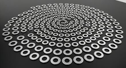 Geometric arrangement of numerous shiny metal washers creating a mesmerizing circular pattern on a dark reflective surface