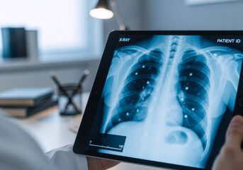 Doctor examining a chest x-ray on a digital tablet. Medical professional analyzing a lung scan for disease diagnosis. Modern healthcare and radiology technology