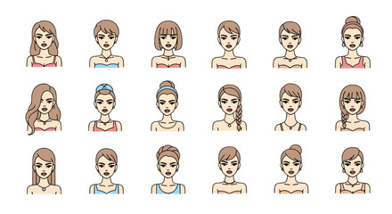 Collection of diverse female avatars with various hairstyles and elegant outfits, showcasing different beauty standards and fashion styles, perfect for user profiles, social media, and digital