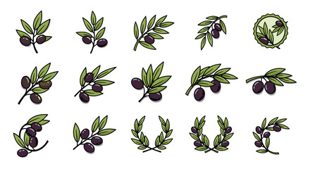 Collection of stylized olive branches and wreaths with ripe purple olives and green leaves, isolated on a black background, representing harvest, Mediterranean cuisine, and natural beauty in a